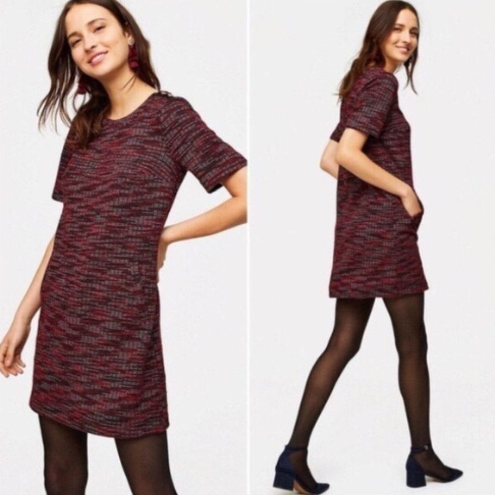 LOFT Red Tweed Shift Dress With Pockets Suze Small Petite
